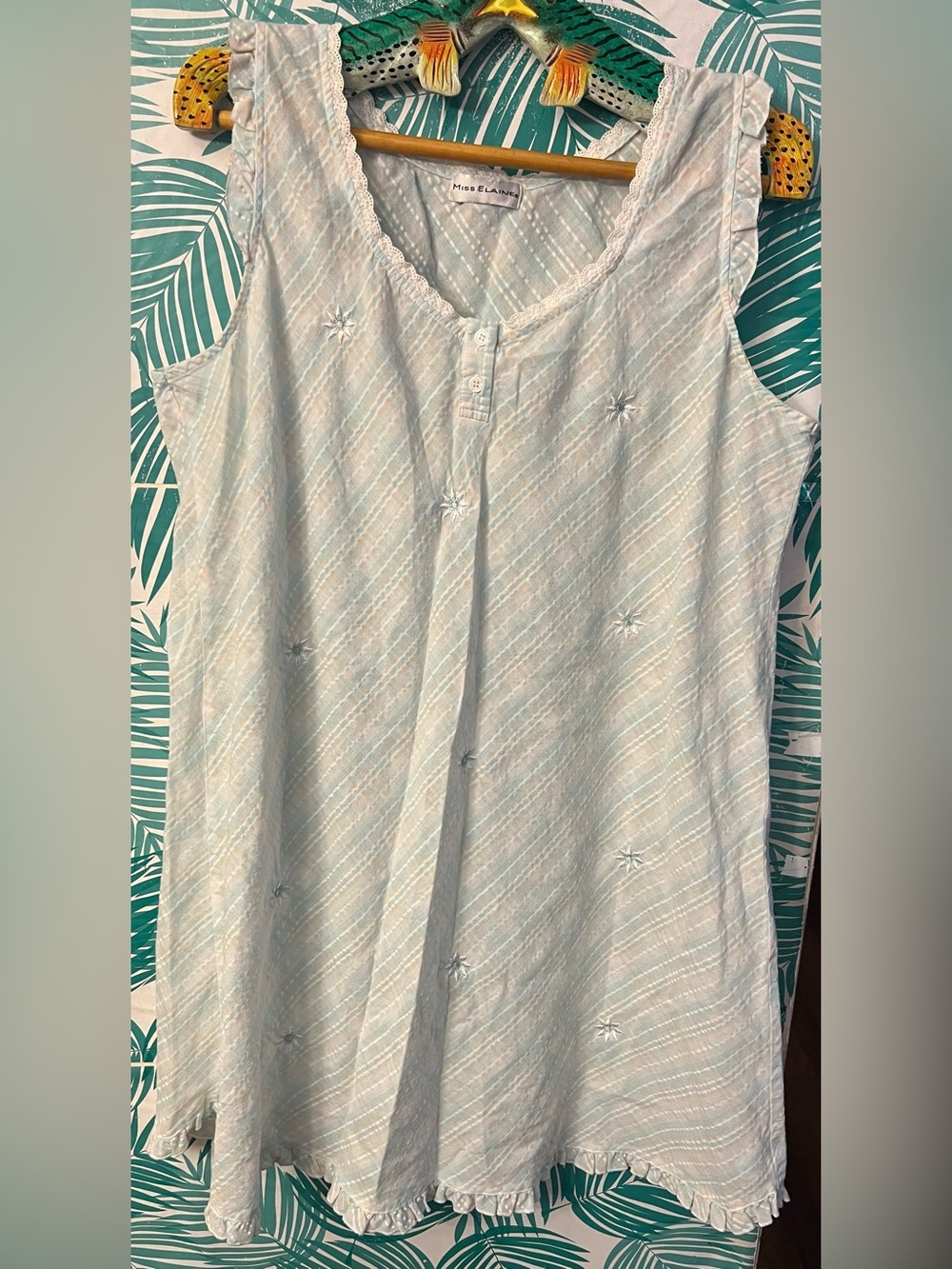Miss Elaine Light Blue Sleeveless Cotton Tunic w/ embroidered flowers & buttons